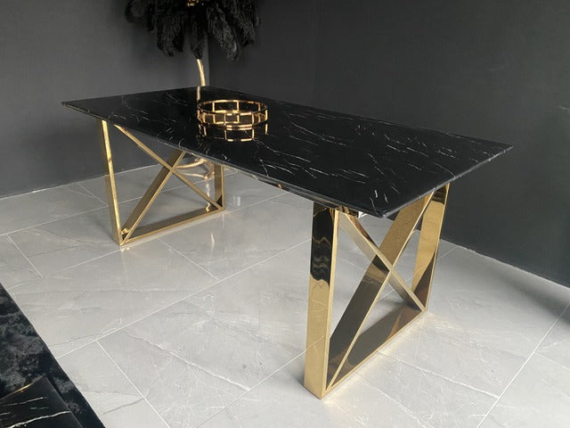 Tisch schwarz Marmoroptik, Esstisch Gold schwarze Tischplatte, Esstisch schwarz,  Breite 180 cm