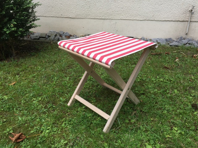 Hocker aufklappbar, Hocker aus Stoff und Holz, Farbe rot-weiß