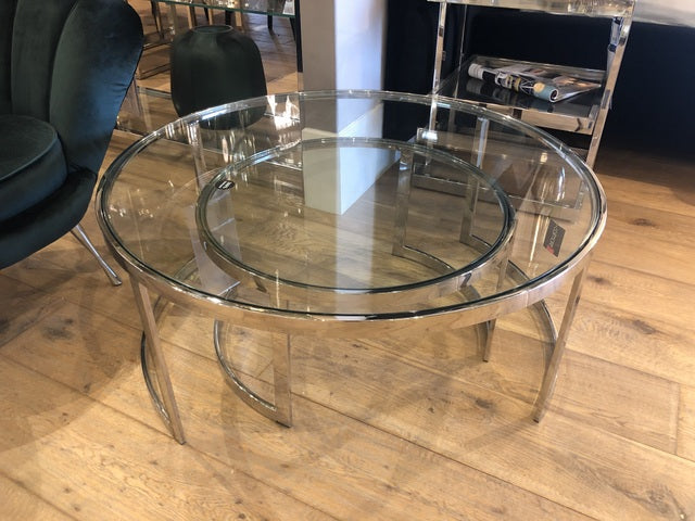 Couchtisch 2er Set Glas Metall verchromt, Beistelltisch verchromt Glastisch verchromt, Durchmesser 90 cm