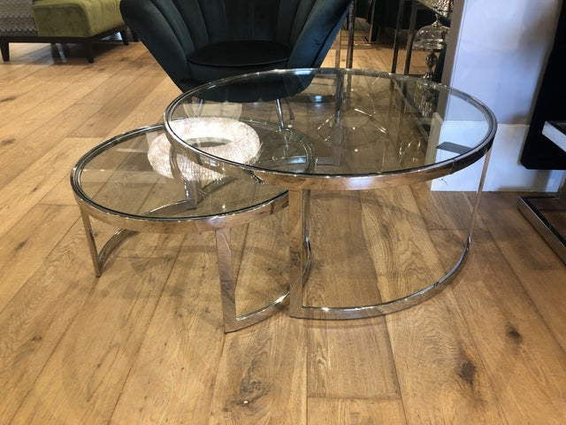 Couchtisch 2er Set Glas Metall verchromt, Beistelltisch verchromt Glastisch verchromt, Durchmesser 90 cm