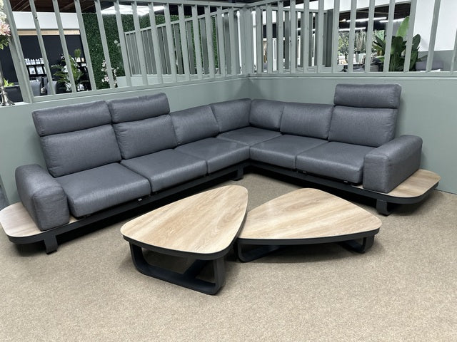 Set 3 teiliges Loungeset anthrazit, Gartensofa anthrazit, Gartentischcouchtisch Naturholz-Optik Aluminium, Garten-Loungesofa anthrazit