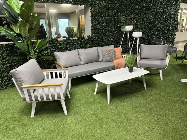 Set 4 teiliges Loungeset weiß, Gartensofa weiß-grau, Gartensessel weiß, Gartentischcouchtisch weiß Aluminium, Loungeset weiß