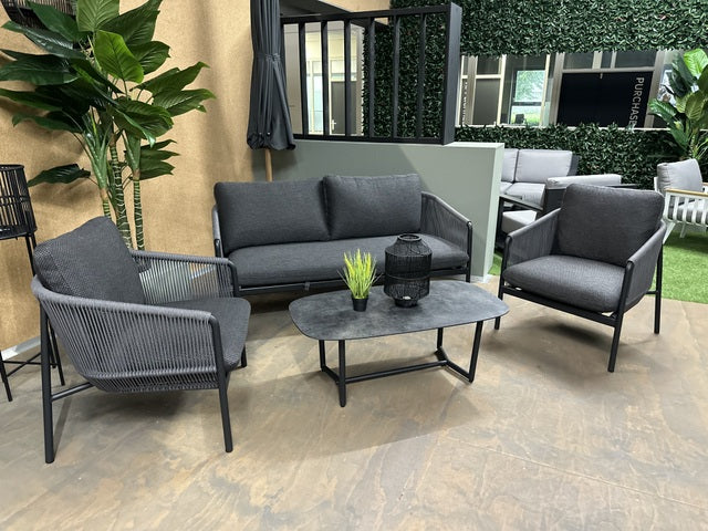 Set 4 teiliges Loungeset anthrazit, Gartensofa anthrazit, Gartensessel anthrazit, Gartentisch grau Aluminium, Loungeset anthrazit