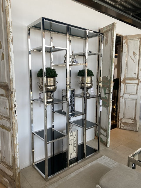 Regal Silber, Bücherregal Silber, Glas-Regal Metall Gestell Silber, Metallregal Silber, Breite 120 cm