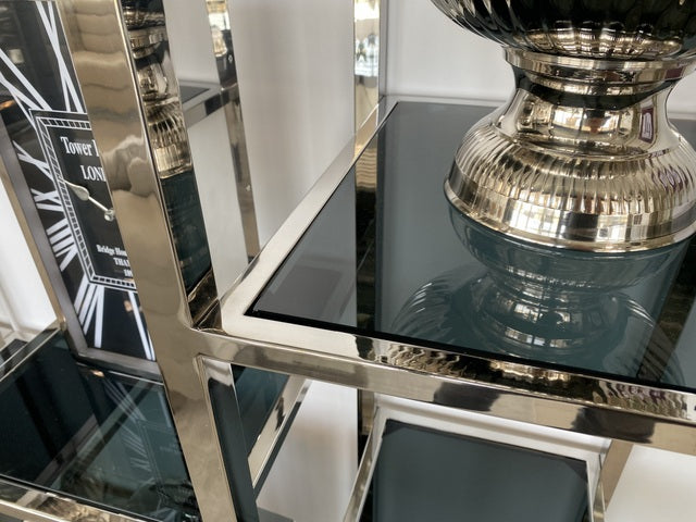 Regal Silber, Bücherregal Silber, Glas-Regal Metall Gestell Silber, Metallregal Silber, Breite 120 cm