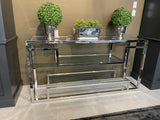 Glaskonsole verchromt, Konsole Silber, Wandtisch Silber, Konsole Metall Silber,  Breite 150 cm