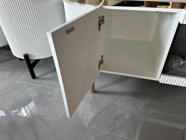 TV Schrank weiß mit Kamin, Fernsehschrank mit Elektrokamin weiß, Lowboard weiß,  Länge 200 cm