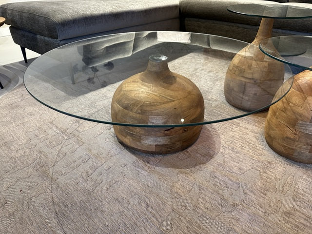 Couchtisch rund Glas, Glastisch rund mit Holzgestell, Durchmesser 100 cm