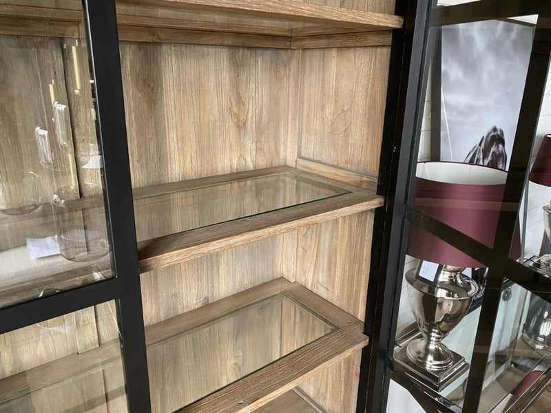 Buffetschrank schwarz mit Beleuchtung, Geschirrschrank schwarz Landhausstil, Vitrine schwarz Landhaus, Breite 116 cm