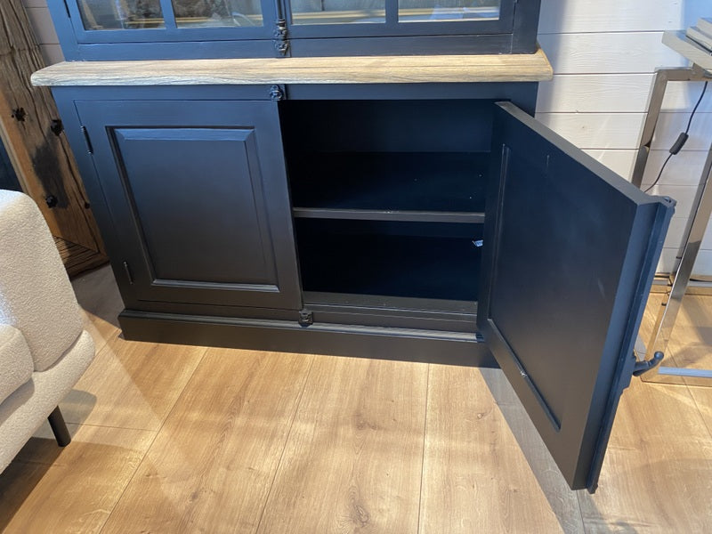 Buffetschrank schwarz mit Beleuchtung, Geschirrschrank schwarz Landhausstil, Vitrine schwarz Landhaus, Breite 116 cm