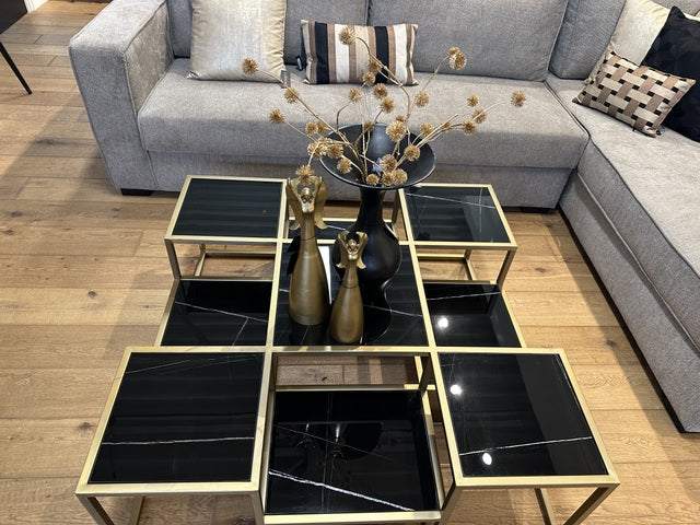 Couchtisch Gold-schwarz, Glas Couchtisch schwarz, Maße: 120x120 cm