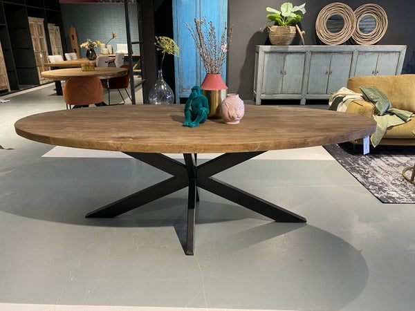 Tisch oval Industriedesign, ovaler Esstisch Holz Tischplatte, Tisch Metallgestell schwarz, Breite 240 cm