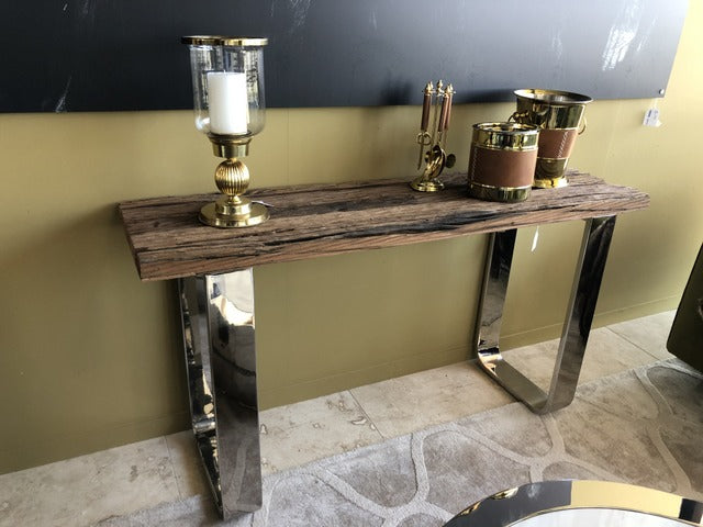 Konsole Altholz verchromt, Konsole Silber-Gestell,  Wandtisch verchromt, Breite 140 cm