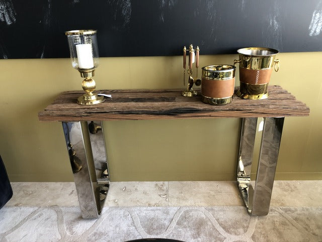 Konsole Altholz verchromt, Konsole Silber-Gestell,  Wandtisch verchromt, Breite 140 cm