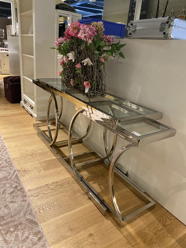 Konsole Silber, Wandtisch verchromt, Glas-Konsole Silber, Breite 150 cm