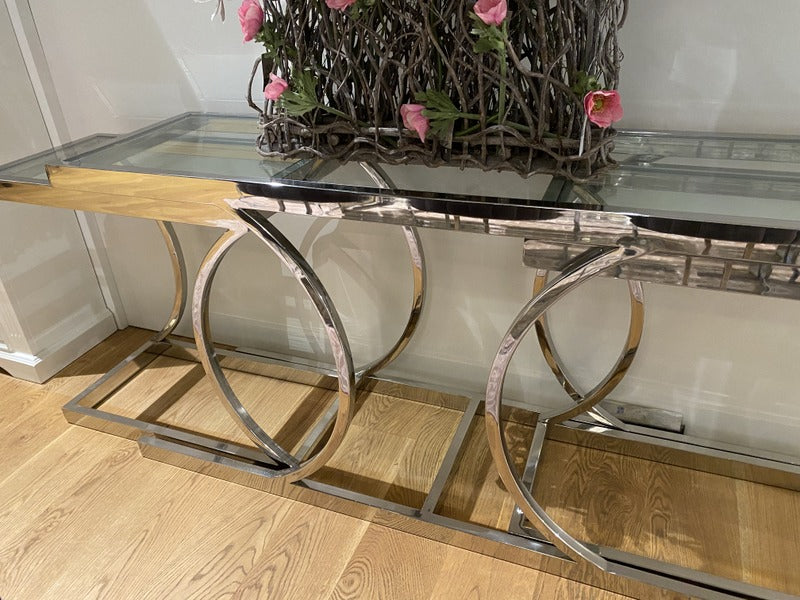 Konsole Silber, Wandtisch verchromt, Glas-Konsole Silber, Breite 150 cm