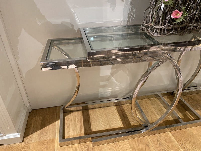 Konsole Silber, Wandtisch verchromt, Glas-Konsole Silber, Breite 150 cm