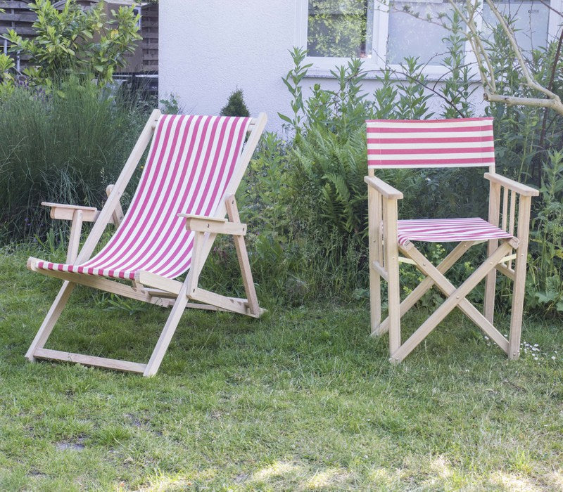 Klappstuhl, Regiestuhl aus Massivholz und gestreiften Stoff, Gartenstuhl Farbe rot-weiß