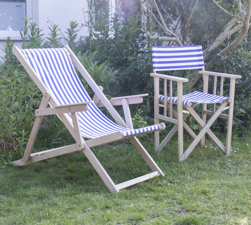 Liegestuhl mit Nackenkissen aus Massivholz und 100 % Baumwolle, Strandstuhl gestreift blau-weiß