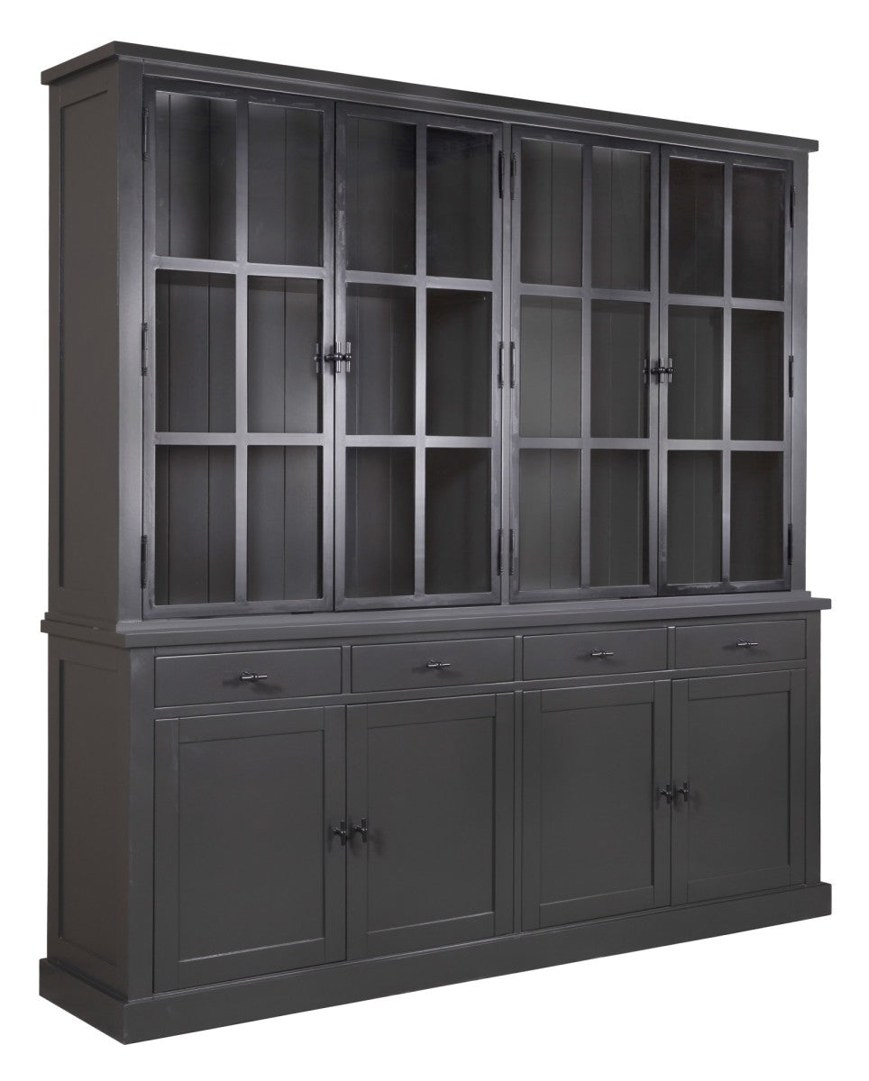 Vitrine schwarz, Geschirrschrank schwarz Metall-Türen Landhaus, Wohnzimmerschrank schwarz Landhausstil, Breite 220 cm
