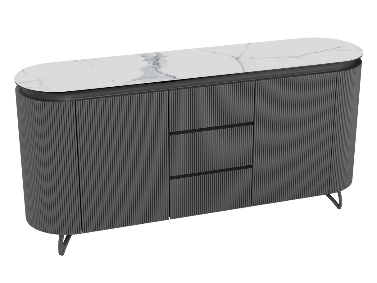 Sideboard weiß Marmoroptik, Sideboard mit Schubladen Keramik, ovale Anrichte Keramik, Breite 170 cm