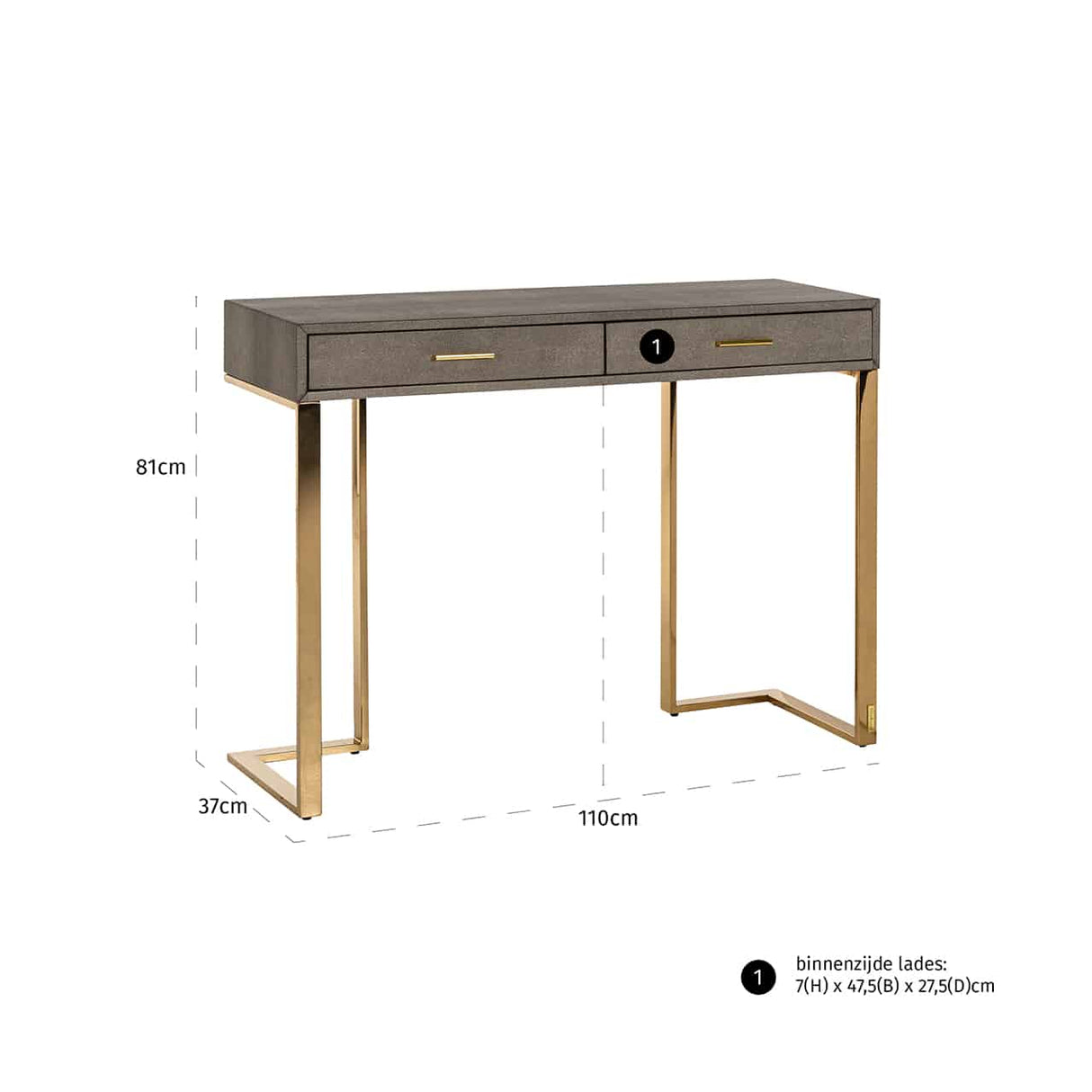 Konsole Gold,  Wandtisch mit Schubladen, Konsole 2 Schubladen Gold, Breite 110 cm