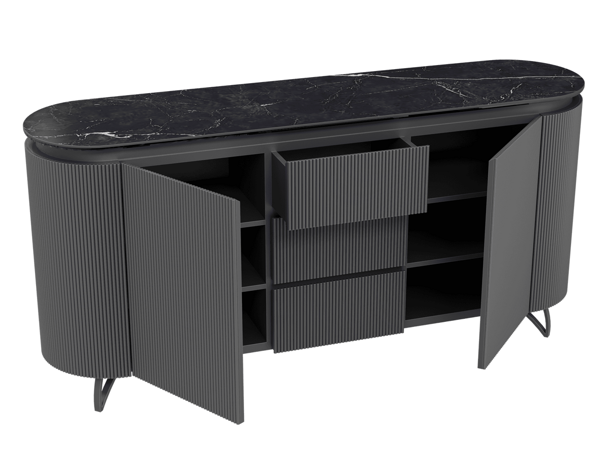 Sideboard anthrazit Marmoroptik, Sideboard mit Schubladen Keramik, ovale Anrichte Keramik, Breite 170 cm