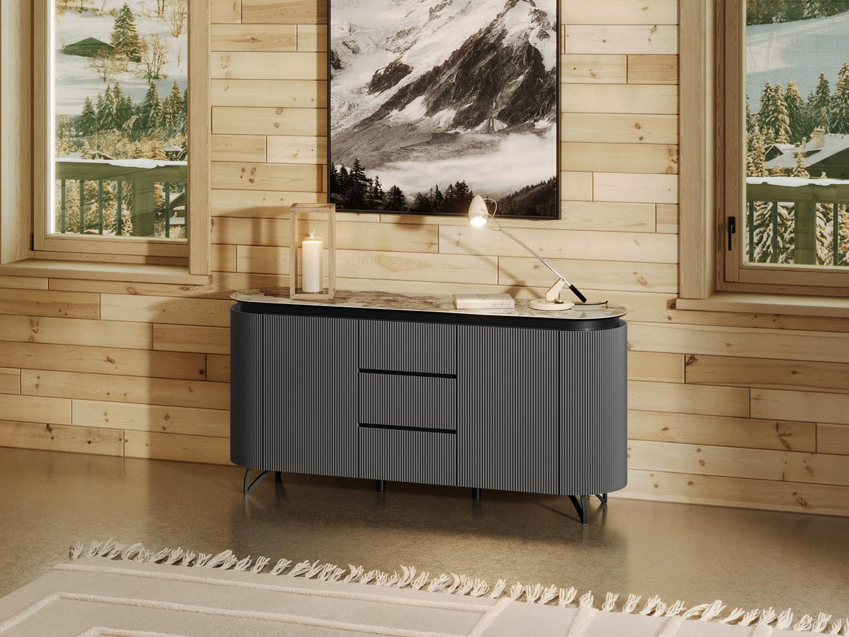 Sideboard Marmoroptik, Sideboard mit Schubladen Keramik, ovale Anrichte Keramik, Breite 170 cm