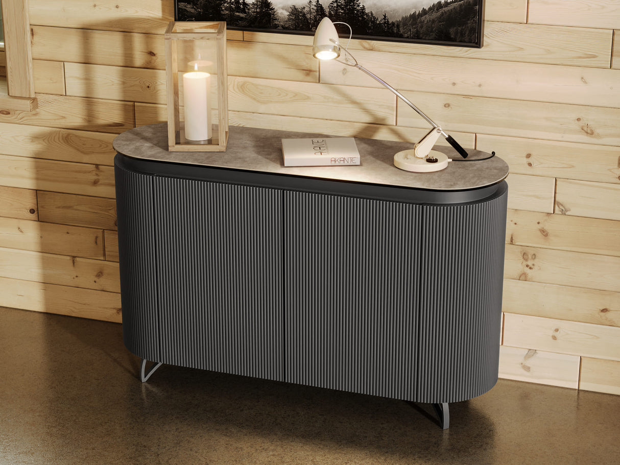 Sideboard taupe Marmoroptik, Sideboard mit Schubladen Keramik, ovale Anrichte Keramik, Breite 130 cm