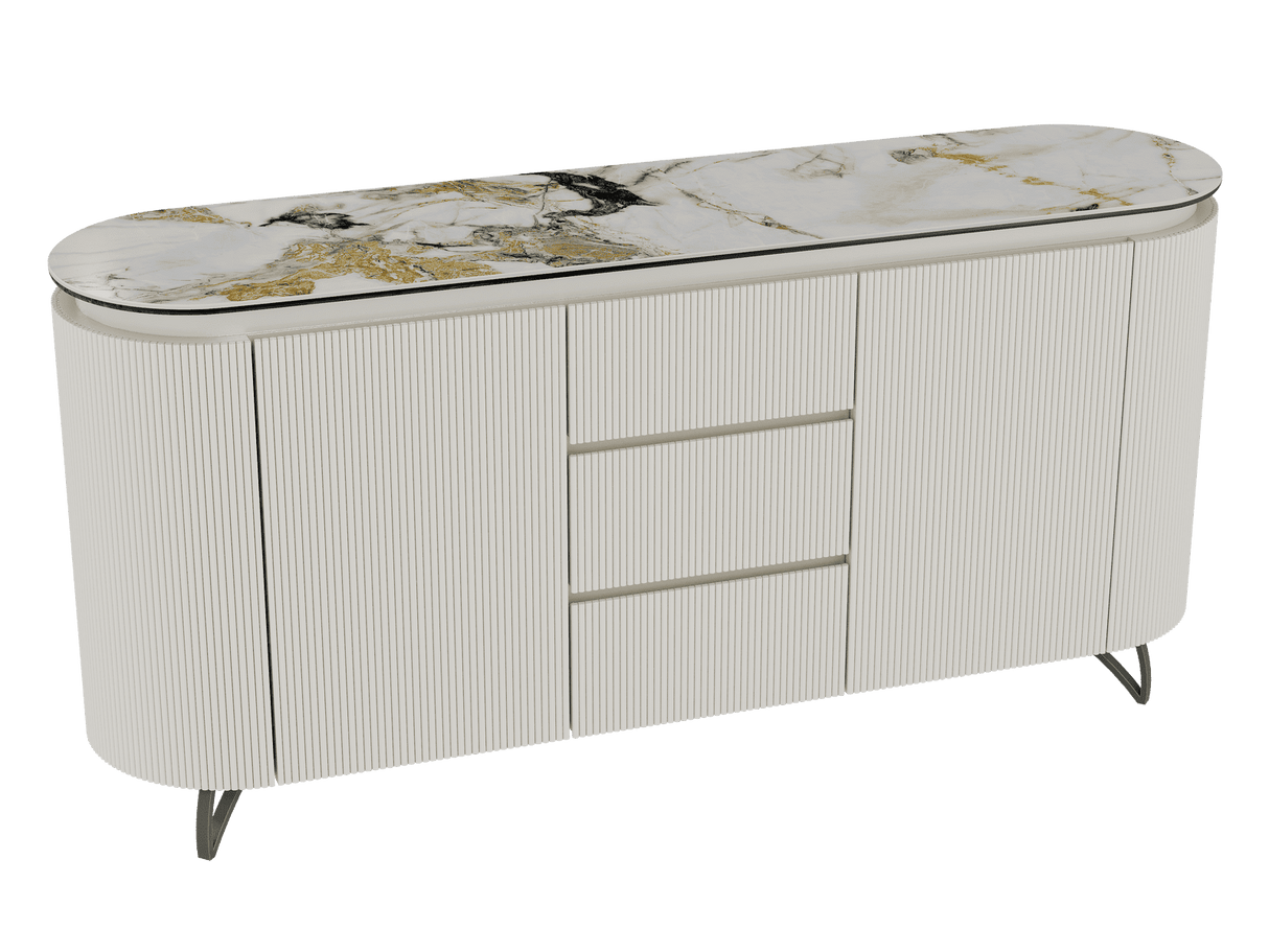 Sideboard Elfenbein-weiß Marmoroptik, Sideboard oval mit Schubladen Keramikplatte, ovale Anrichte weiß-Elfenbein Keramik, Breite 170 cm