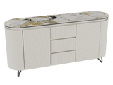 Sideboard Elfenbein-weiß Marmoroptik, Sideboard oval mit Schubladen Keramikplatte, ovale Anrichte weiß-Elfenbein Keramik, Breite 170 cm
