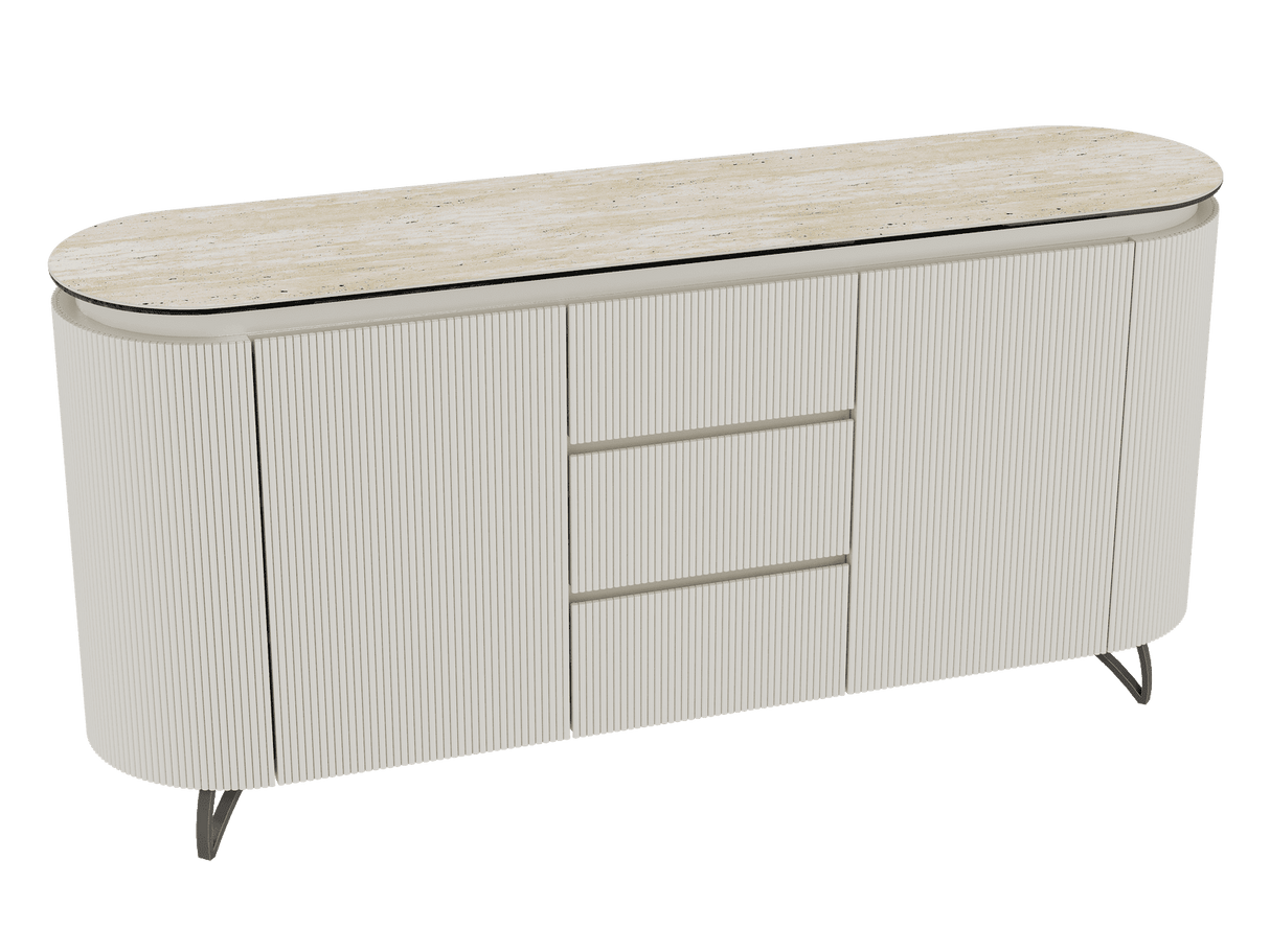 Sideboard Elfenbein-weiß Marmoroptik, Sideboard Travertin-weiß mit Schubladen Keramikplatte, ovale Anrichte weiß-Elfenbein Keramik, Breite 170 cm