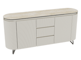 Sideboard Elfenbein-weiß Marmoroptik, Sideboard Travertin-weiß mit Schubladen Keramikplatte, ovale Anrichte weiß-Elfenbein Keramik, Breite 170 cm