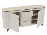 Sideboard Elfenbein-weiß Marmoroptik, Sideboard Travertin-weiß mit Schubladen Keramikplatte, ovale Anrichte weiß-Elfenbein Keramik, Breite 170 cm