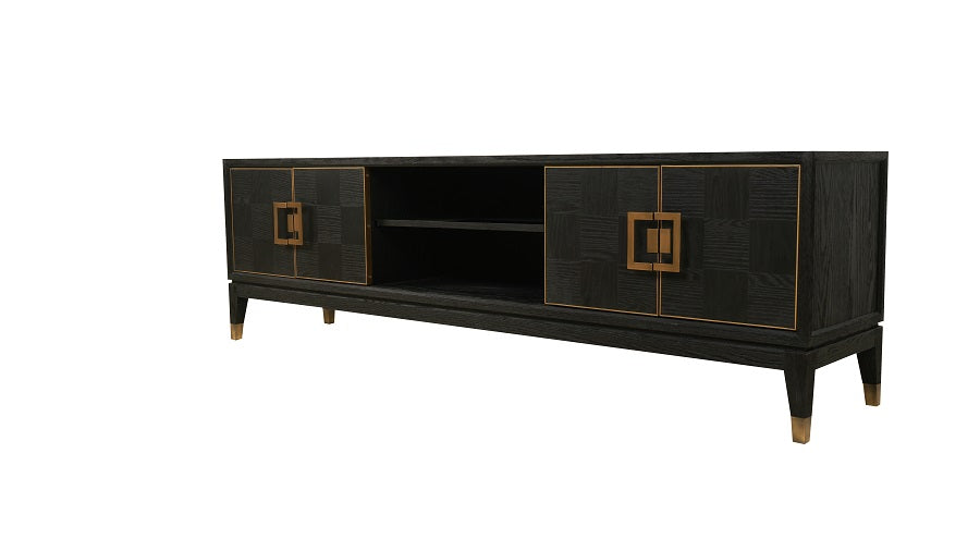 TV Schrank schwarz, Fernsehschrank schwarz, Sideboard Eiche furniert Gold schwarz, Breite 185 cm