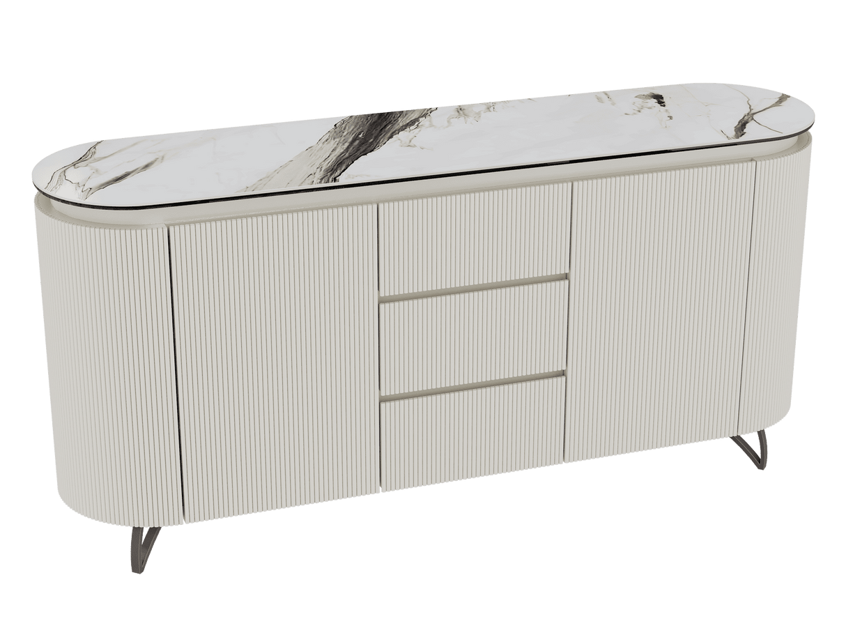 Sideboard Elfenbein-weiß Marmoroptik, Sideboard oval mit Schubladen Keramikplatte, ovale Anrichte weiß-Elfenbein Keramik, Breite 170 cm