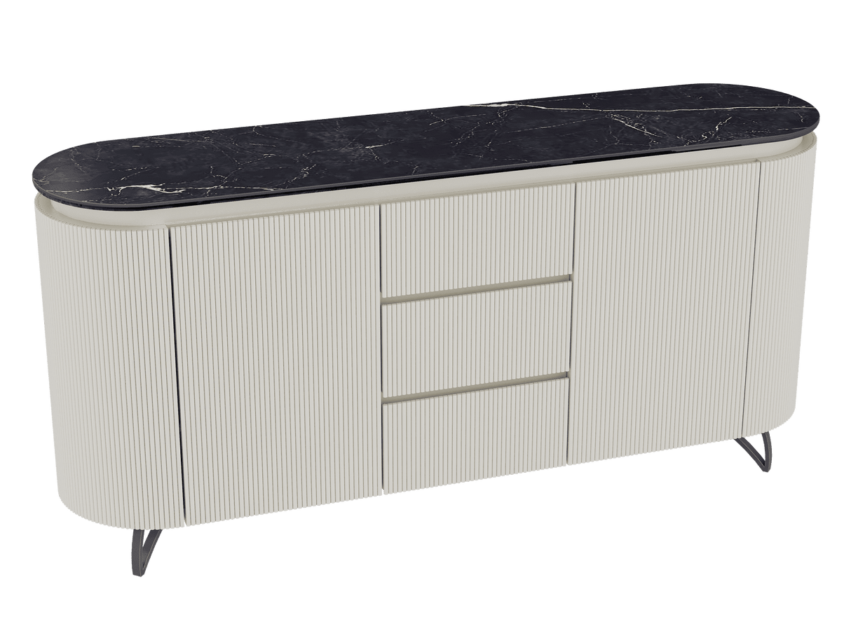 Sideboard Elfenbein-weiß Marmoroptik, Sideboard oval mit Schubladen Keramikplatte, ovale Anrichte weiß-Elfenbein Keramik, Breite 170 cm