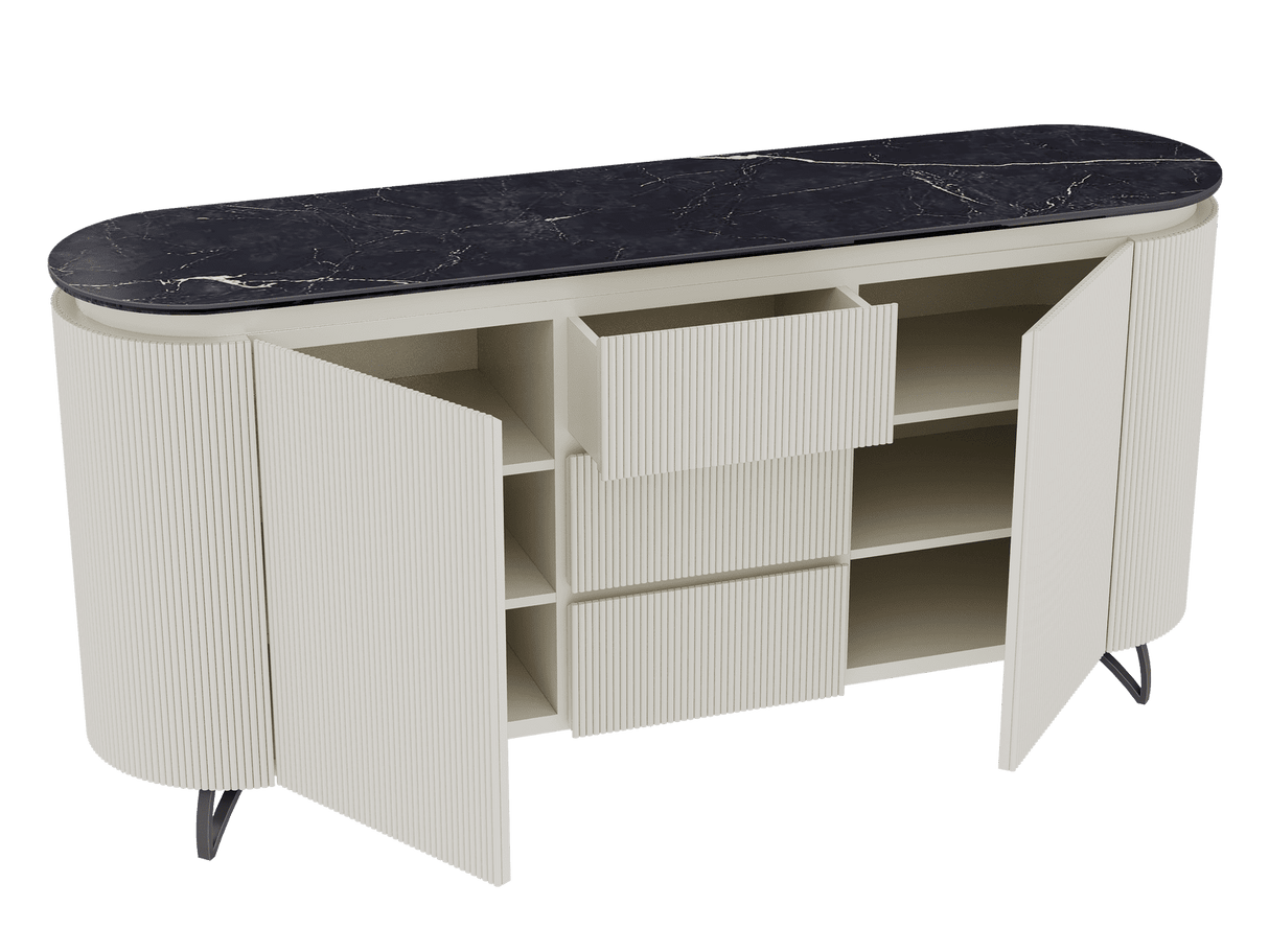 Sideboard Elfenbein-weiß Marmoroptik, Sideboard oval mit Schubladen Keramikplatte, ovale Anrichte weiß-Elfenbein Keramik, Breite 170 cm