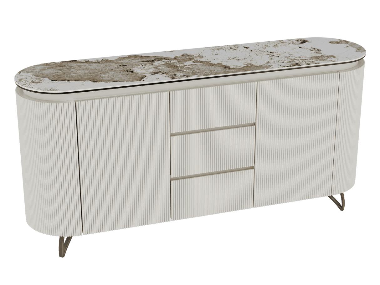 Sideboard Elfenbein-weiß Marmoroptik, Sideboard mit Schubladen Keramikplatte, ovale Anrichte weiß-Elfenbein Keramik, Breite 170 cm