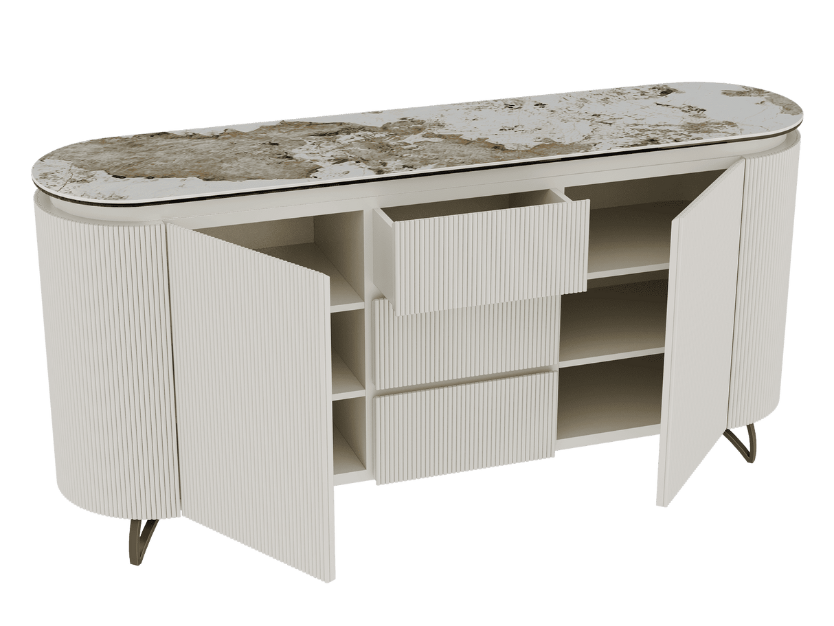 Sideboard Elfenbein-weiß Marmoroptik, Sideboard mit Schubladen Keramikplatte, ovale Anrichte weiß-Elfenbein Keramik, Breite 170 cm