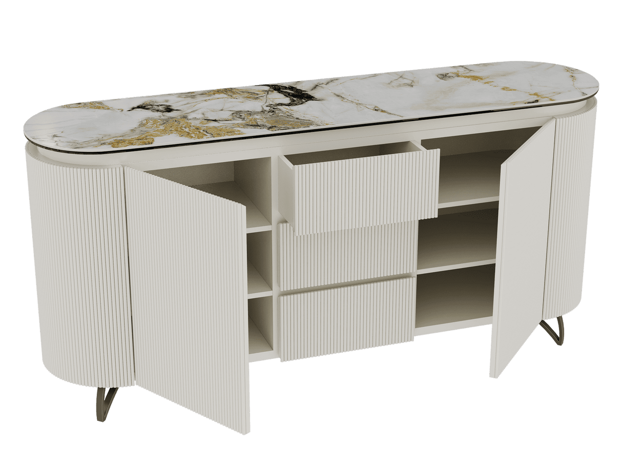 Sideboard Elfenbein-weiß Marmoroptik, Sideboard oval mit Schubladen Keramikplatte, ovale Anrichte weiß-Elfenbein Keramik, Breite 170 cm