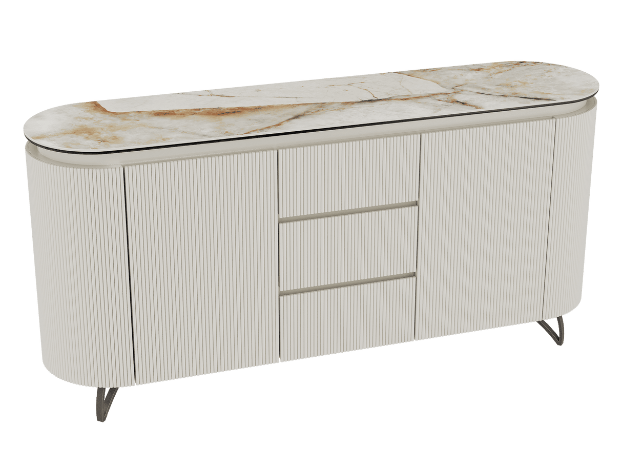 Sideboard Elfenbein-weiß Marmoroptik, Sideboard oval mit Schubladen Keramikplatte, ovale Anrichte weiß-Elfenbein Keramik, Breite 170 cm