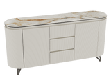 Sideboard Elfenbein-weiß Marmoroptik, Sideboard oval mit Schubladen Keramikplatte, ovale Anrichte weiß-Elfenbein Keramik, Breite 170 cm