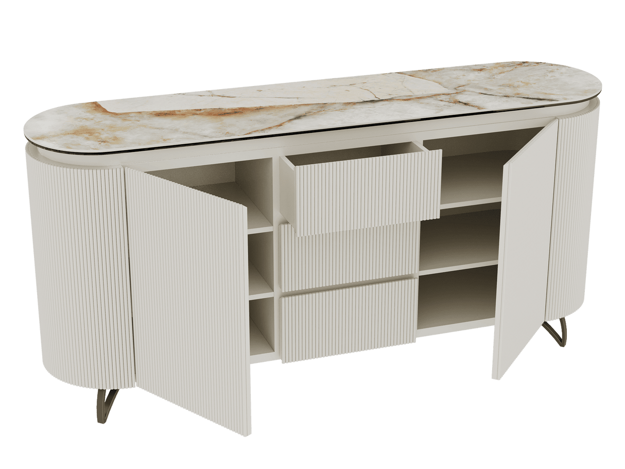 Sideboard Elfenbein-weiß Marmoroptik, Sideboard oval mit Schubladen Keramikplatte, ovale Anrichte weiß-Elfenbein Keramik, Breite 170 cm