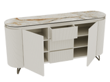 Sideboard Elfenbein-weiß Marmoroptik, Sideboard oval mit Schubladen Keramikplatte, ovale Anrichte weiß-Elfenbein Keramik, Breite 170 cm