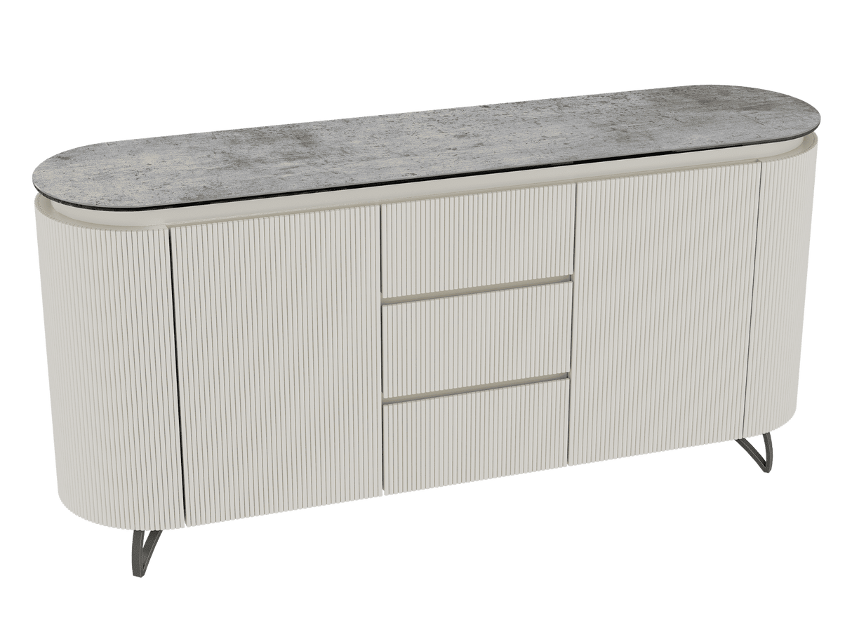 Sideboard Elfenbein-weiß Marmoroptik, Sideboard oval mit Schubladen Keramikplatte, ovale Anrichte weiß-Elfenbein Keramik, Breite 170 cm