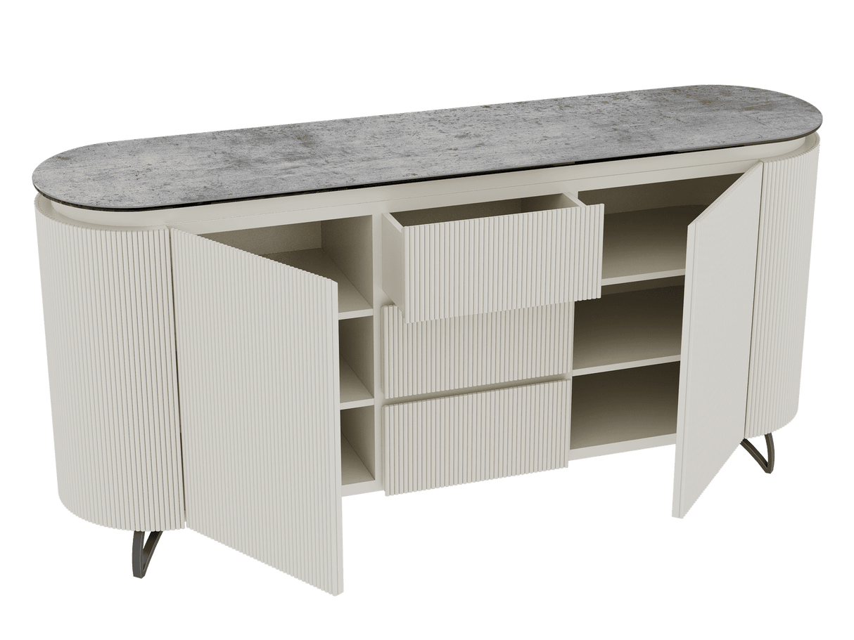 Sideboard Elfenbein-weiß Marmoroptik, Sideboard oval mit Schubladen Keramikplatte, ovale Anrichte weiß-Elfenbein Keramik, Breite 170 cm