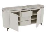 Sideboard Elfenbein-weiß Marmoroptik, Sideboard weiß mit Schubladen Keramikplatte, ovale Anrichte Keramik, Breite 170 cm