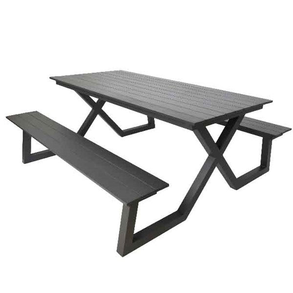 Gruppensitzbank schwarz, Sitzgruppe Aluminium schwarz, Picknick Sitzgruppe schwarz, Gartentisch mit Bank schwarz, Picknickbank schwarz, Breite 180 cm