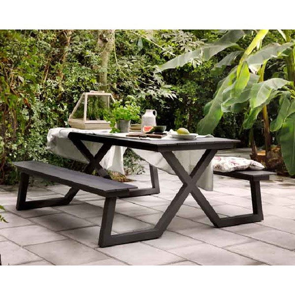 Gruppensitzbank schwarz, Sitzgruppe Aluminium schwarz, Picknick Sitzgruppe schwarz, Gartentisch mit Bank schwarz, Picknickbank schwarz, Breite 180 cm